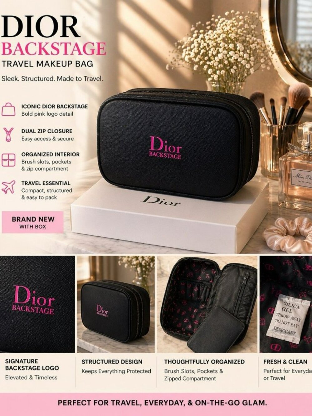 Christian Dior Backstage Cosmetic Makeup Bag With Brush Slots, Black Double Zip